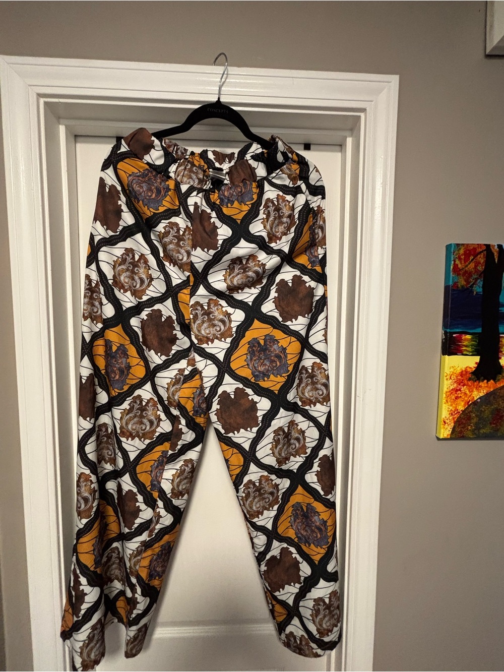 SHEIN Geometric Floral Wide-Leg Pants in Mustard, Brown & White